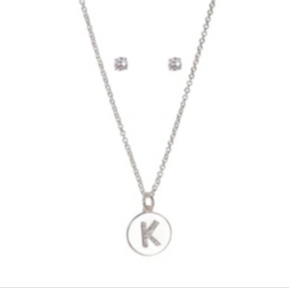 Unwritten Fine Silver Plated Clear Cubic Zirconia Initial Coin Pendant&Earrings - Picture 1 of 4